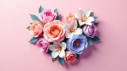 A delicate heart-shaped arrangement of blooming roses and ethereal lilies set against a soft, pastel backdrop celebrating floral beauty and affection