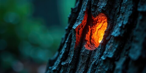 The Heart of the Forest a Glimmering Core Within Ancient Rough Bark