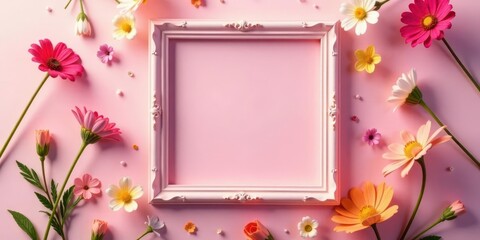 A delicate ornate decorative frame adorned with an assortment of vibrant blossoming floral elements and buds against a soft pastel backdrop