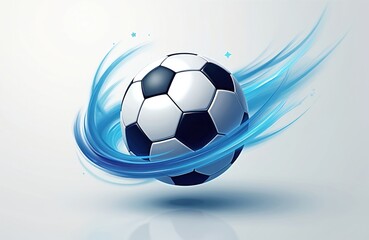 Fototapeta premium Dynamic illustration features a soccer ball with abstract blue motion design. Graphic emblem symbolizes energy speed competition. Ideal for sports themes branding or promotional materials.