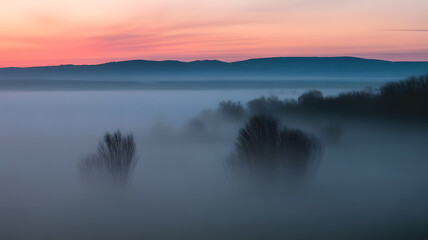 Fototapeta premium Peaceful Photograph of Morning Mist Dissolving Over a Dark Forest and Mountains at Dawn