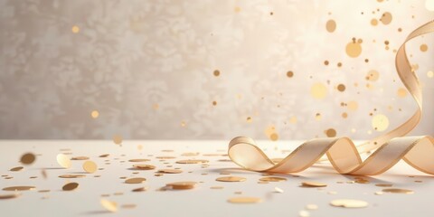 A soft cascade of golden celebration confetti and flowing ribbon unfurls gracefully against a muted, textured backdrop creating an atmosphere of elegant festivity.