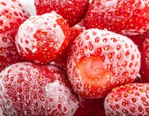 Close-up of several frozen, bright red berries with green tops, coated in a layer of frost and grouped tightly together