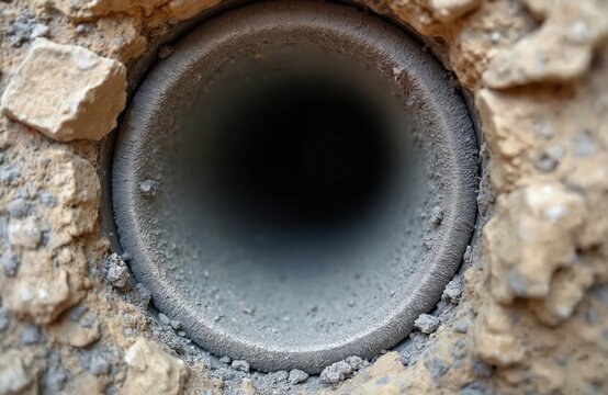 Close-up view inside a clogged dryer vent pipe. Lint and dust fill the interior passage. Blocked duct needs cleaning and maintenance for appliance.