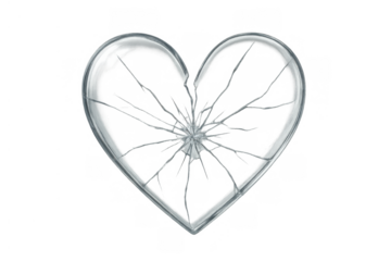 Broken glass heart illustrating heartbreak, lost love, and emotional pain, transparent background