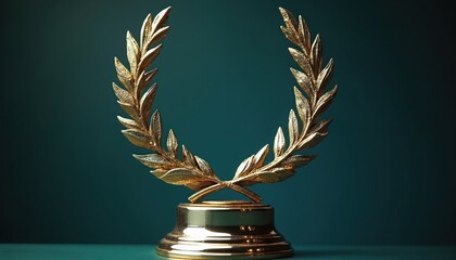 Golden laurel wreath trophy stands upright on reflective base against dark green background. Shiny metallic award victory, success, achievement. Represents triumph, honor, excellence for competition