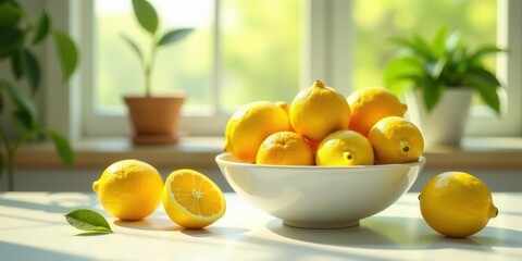 A bright and vibrant gathering of fresh citrus fruits in a simple bowl, bathed in soft natural light near a window with potted greenery