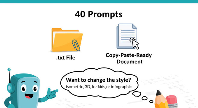 40 Prompts for Different Styles including Isometric, 3D, Kids or Infographic