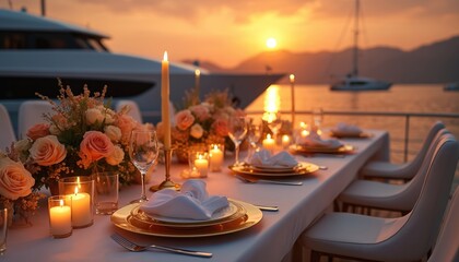 Elegant yacht dinner table set on deck. Gold plates, white napkins, wine glasses ready for guests. Lit candles and rose flower arrangements create romantic atmosphere. Sun sets over sea mountains.