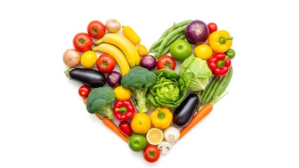 Colorful fresh fruits and vegetables heart shape healthy eating