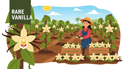 Fototapeta premium Vanilla plantation with a young woman farmer harvesting vanilla beans illustration