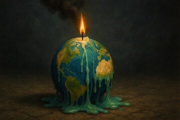 Melting Earth globe shaped like candle with burning flame and dripping wax, dramatic climate change symbol highlighting global warming, environmental collapse, ecological crisis and sustainability awa