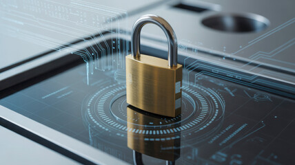 Golden lock on tablet screen shows protection information with digital security interface data encryption privacy network connection technology