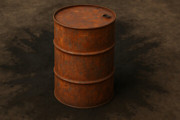 Fototapeta premium Old rusty metal oil barrel standing on dark contaminated ground symbolizing industrial waste, pollution, environmental hazard, chemical storage decay and ecological crisis, powerful concept for sustai