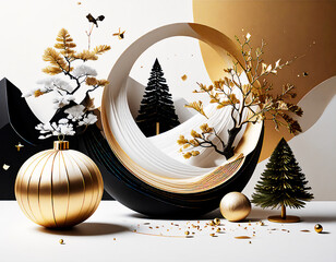 巨大な金のオーナメントと、幾重にも重なる白い曲線。黒い木々が引き締める、モダンで豪華なクリスマスの情景。
