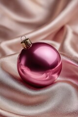 Elegant pink holiday ornament on a luxurious, silky fabric background.