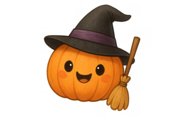 Cute halloween pumpkin wearing a witch hat and holding a broomstick, celebrating autumn and spooky season