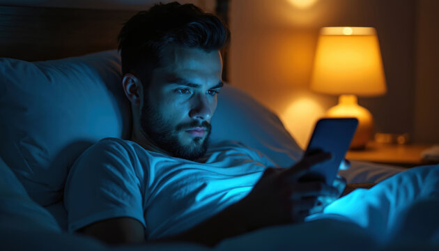 Man in bed at night browses smartphone. Bright screen light illuminates his face. Person has tired and focused expression while scrolling news feed, cannot sleep.