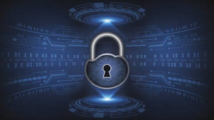 Cyber security padlock symbol data protection innovative technology system and circuit blue binary code background with connection digital network backdrop