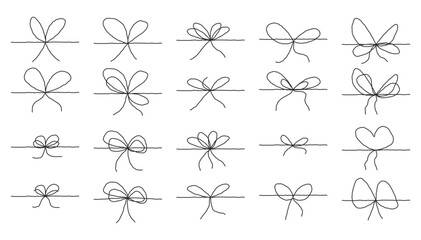 Doodle gift bow line vector with hand-drawn ribbon shapes, simple outlines, playful minimal style, and clean decorative elements for cards, packaging, and creative projects.
