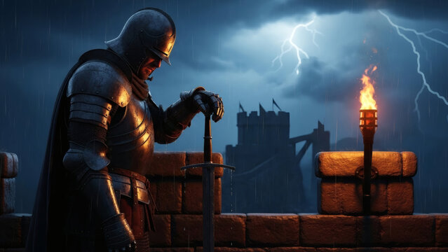 A weary knight in battered but practical plate armor stands vigil on a rain-slicked castle battlement at night, torchlight flickering on steel, stormy sky, moody and cinematic