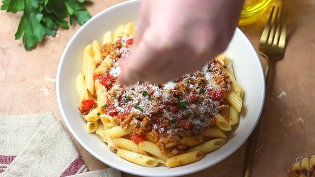Pasta with bolognese sauce and cheese. Italian cuisine. Traditional recipe.
