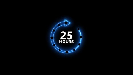 Neon Blue Circular Arrow Countdown Timer 25 Hours Progress Bar Animation Futuristic Digital Display clock - Powered by Adobe