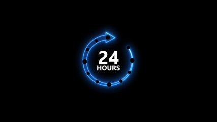 Neon blue 24 hours circular arrow glowing animation on black background with rotating dots representing time passing fast delivery service concept
