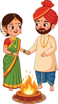 Marathi Couple doing Phera Indian Wedding Illustration