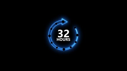 Neon blue circular arrow timer countdown 32 hours glowing on black background with black dots representing time progression futuristic digital clock animation - Powered by Adobe