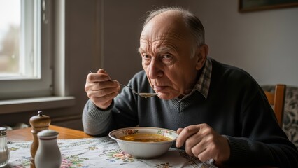 Elderly man enjoying soup at home in thoughtful mood by window