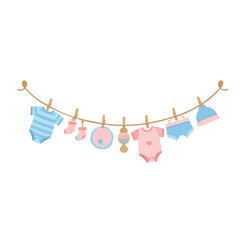 Gender Reveal Baby Clothes Hanging on Clothesline