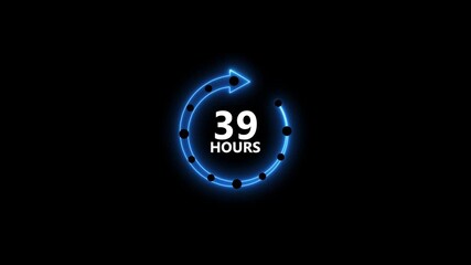 Neon blue circular arrow timer countdown 39 hours glowing on black background with black dots representing time segments futuristic digital animation