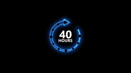 Neon blue circular arrow countdown timer with 40 hours text and black dots on dark background clock
