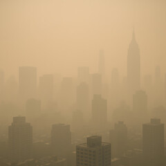 Naklejka premium Urban city skyline covered in dense smog and air pollution creating hazy atmosphere, environmental pollution concept highlighting poor air quality, climate impact, industrial emissions and health conc
