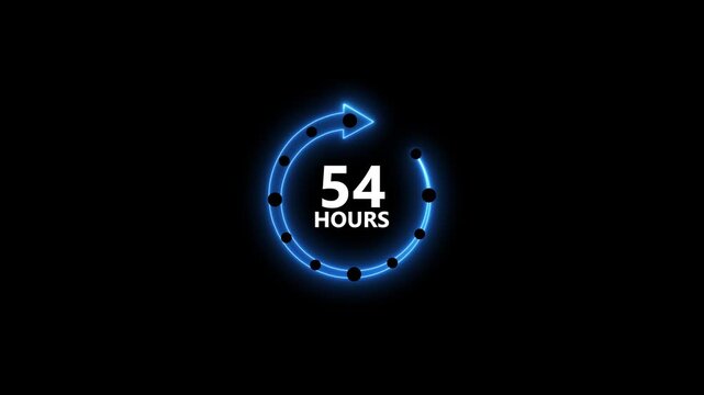Neon blue circular arrow timer countdown 54 hours glowing on black background with black dots representing seconds or minutes futuristic digital clock animation concept