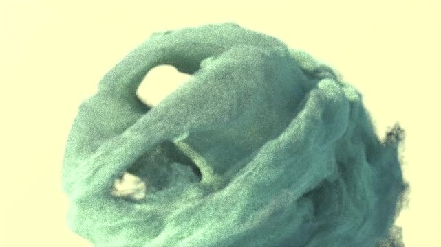 Green particles move in a spiral motion. Abstract animation showing green particle movement on a yellow background.