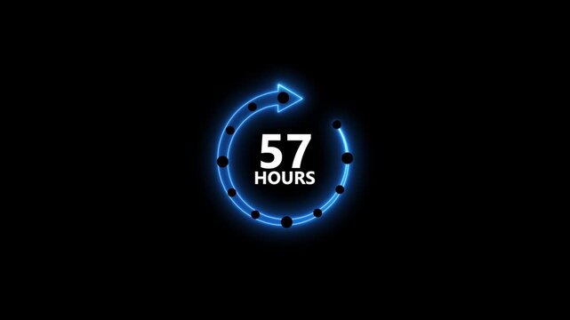 Neon blue circular arrow timer countdown 57 hours glowing animation on black background abstract technology concept
