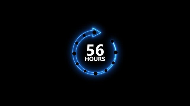 Glowing Neon Blue Circular Arrow Countdown Timer 56 Hours Animated Graphic with Black Background and Black Dots Representing Time Progression