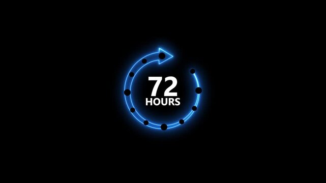 Neon blue circular arrow timer countdown 72 hours glowing on black background with black dots representing time progression