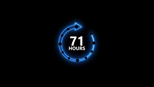 Neon Blue Circular Arrow Timer Countdown 71 Hours with Black Dots on Dark Background Futuristic Technology Concept
