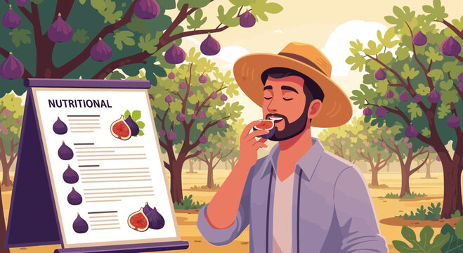 Farmer enjoying fresh figs while reviewing nutritional information in orchard