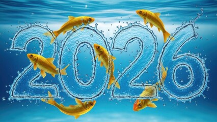 Golden fish swim around the number 2020 formed from clear bubbly water