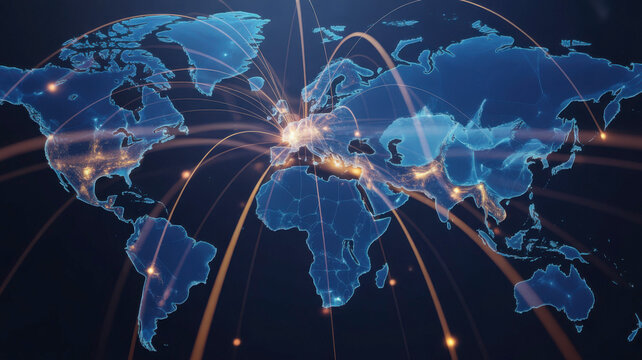 Worldwide business connection concept of global network with light trails connecting continents, data visualization, international trade and travel communication.