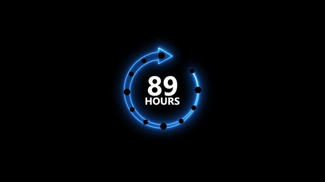 Neon blue circular arrow timer counting down 89 hours with black dots on dark background representing time elapsed or progress