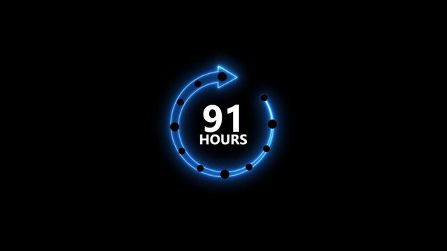Neon blue circular arrow timer counting down 91 hours with black dots on dark background animated graphic