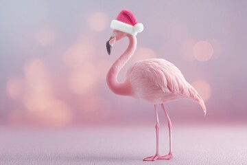 Fototapeta premium A pink flamingo wearing a Santa hat on a pastel background.