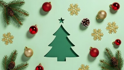 Green christmas tree silhouette surrounded by festive ornaments and pine branches