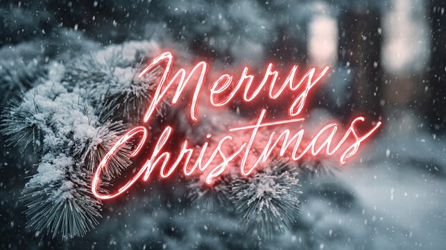 Merry christmas neon sign on snowy pine tree branch during a snowfall in winter time - Powered by Adobe