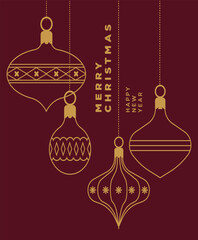 Luxury gold line art Christmas decorations and New Year greetings on an elegant maroon background, a festive holiday vector design
